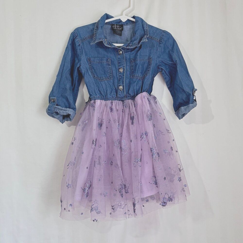 Pink & Violet Girls Denim Tulle Tutu Dress Size 4 EUC Lined Sparkly Unicorn